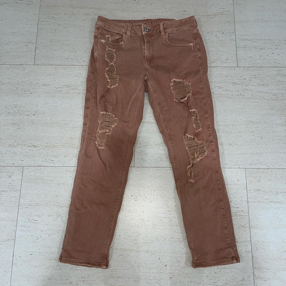 American Eagle Tomgirl Ripped Jeans Caramel Brown Distressed Stretch Size 8